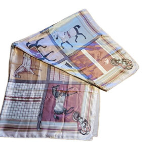 Vintage Equestrian Satin Scarf Pastel Patchwork Horse Large